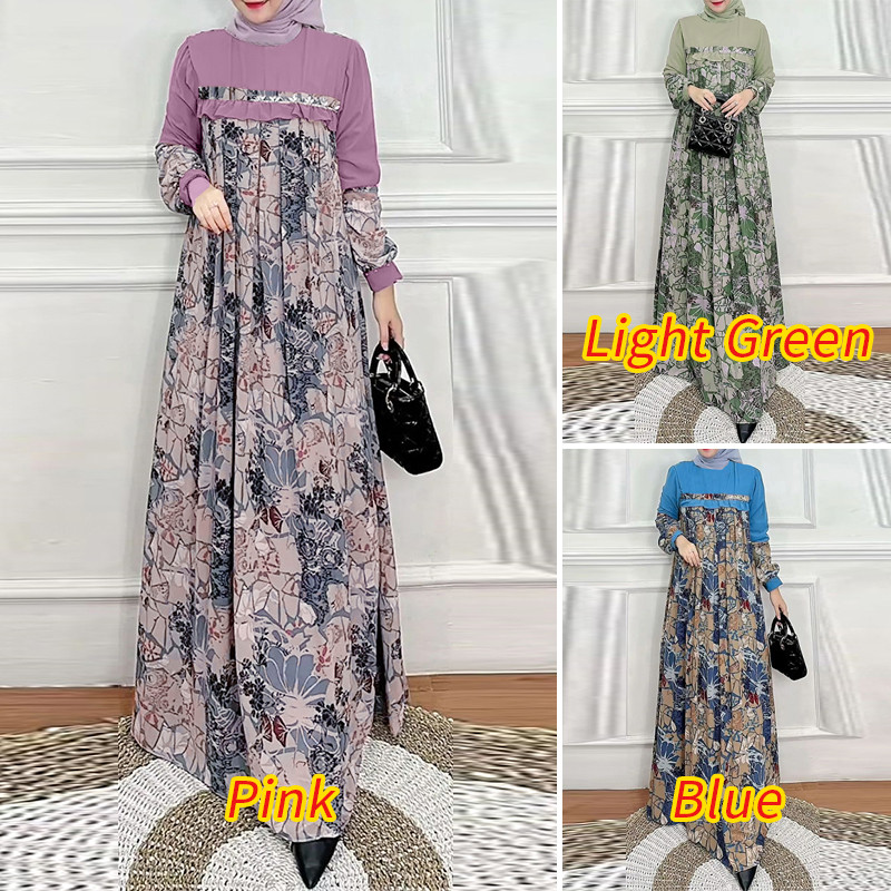 ZANZEA ใส่ ซานเซีย ผู้หญิงมุสลิม โอ-คอ รัฟเฟิล พิมพ์ชุดหลวมแขนยาวสี