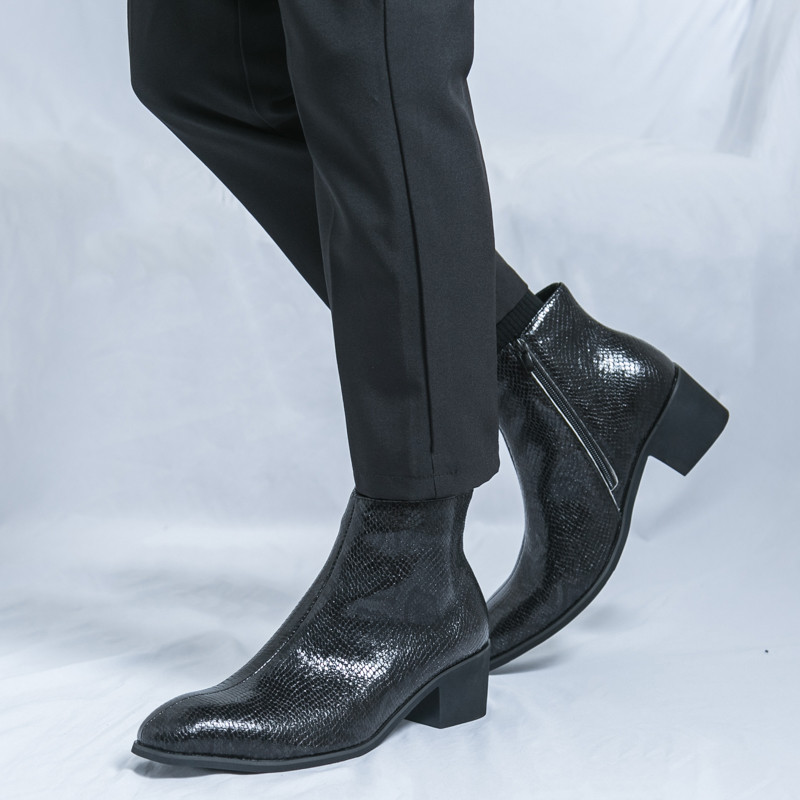 Man Heel Chelsea Boots Retro Medium Cut Ankle Shoes Printing Business Leather Boots
