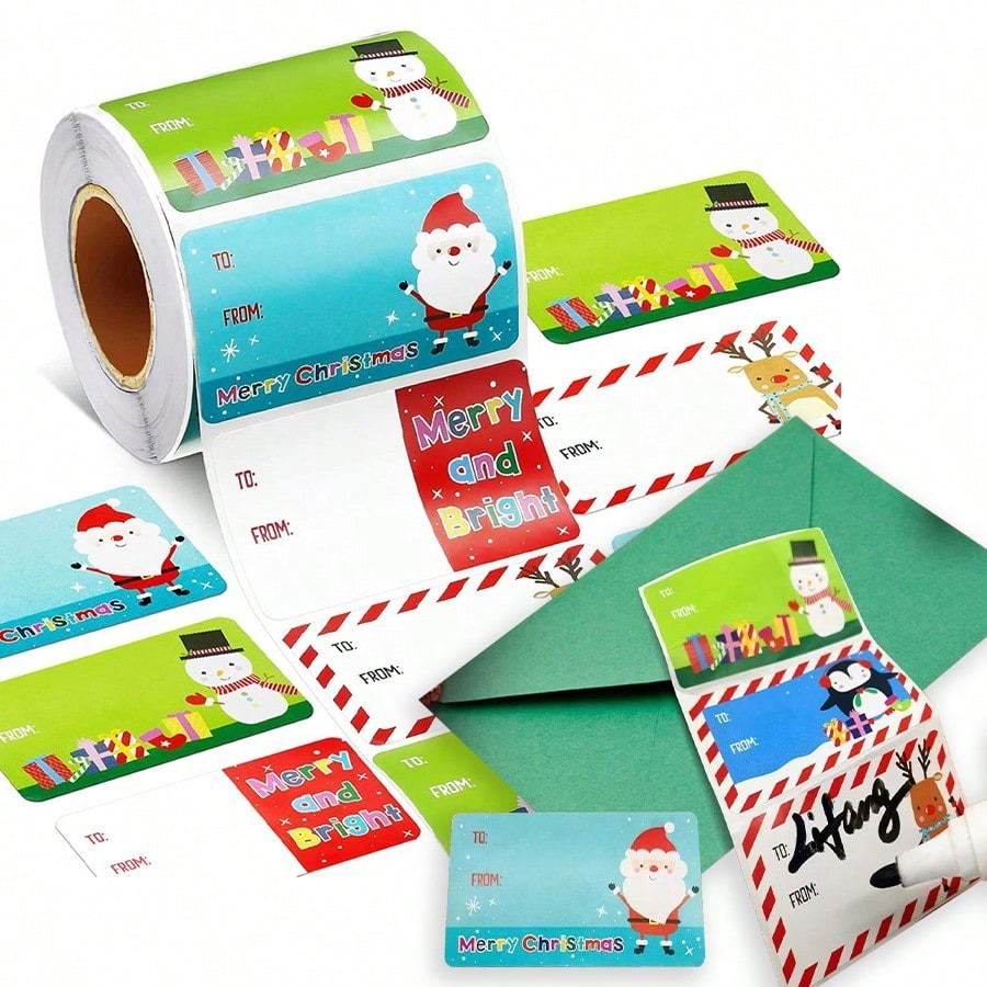 500 ชิ้น/ม้วน Christmas Gift Tag สติกเกอร์, 4 การออกแบบ Xmas เพื่อและจากป้ายชื่อคริสต์มาสสําหรับห่อ-วันหยุด self-Adhesive ป้ายของขวัญ