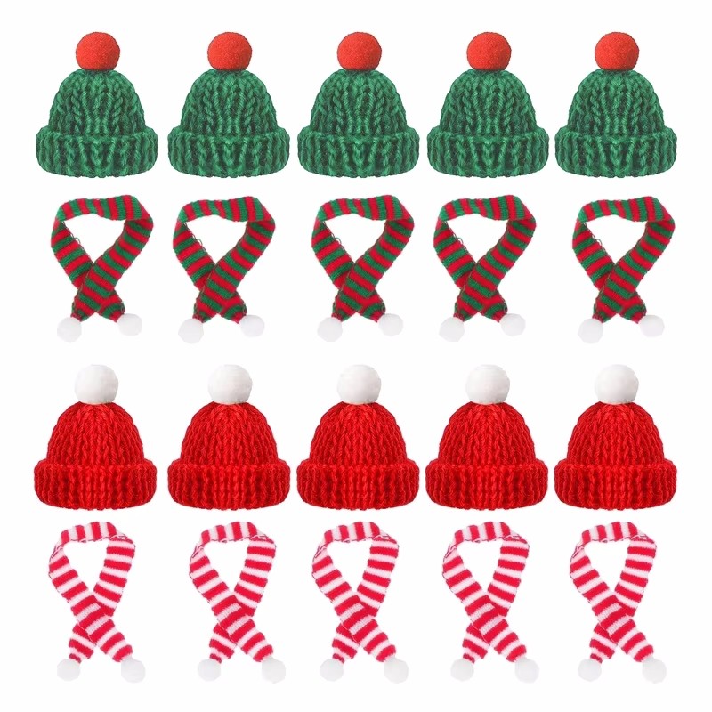 Mini Xmas ช้อนส้อมกระเป๋า Mini ถักหมวกผ้าพันคอคริสต์มาสหมวกหัตถกรรม Santa Claus หมวกขวด Craft
