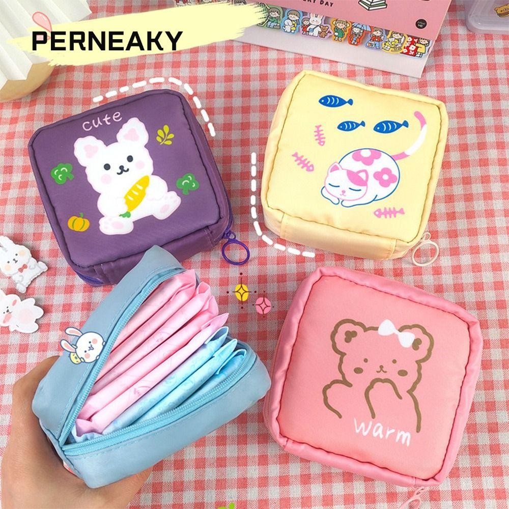 Perneaky กระเป๋าเก็บผ้าอนามัย, กระเป๋าใส่เหรียญผ้ามัลติฟังก์ชั่น, ของขวัญคีย์การ์ดหูฟังการ์ตูน ANimal Organizer Data Cable Pocket Outdoor Travel