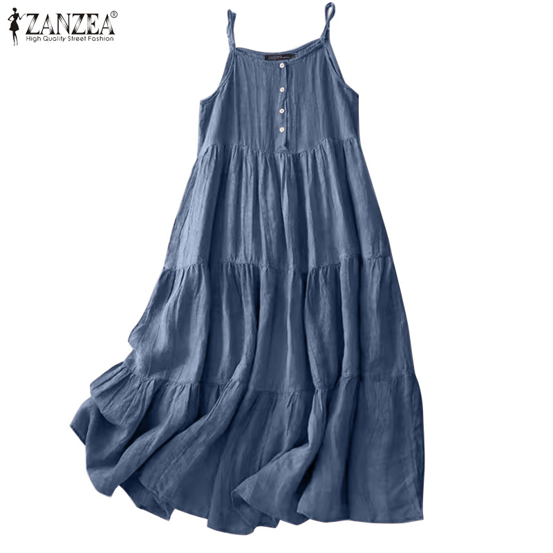 Zanzea ชุดเดรสสลิปแขนกุดคอวีลําลองเกาหลีสําหรับผู้หญิงทุกวัน A-Hem สีทึบ