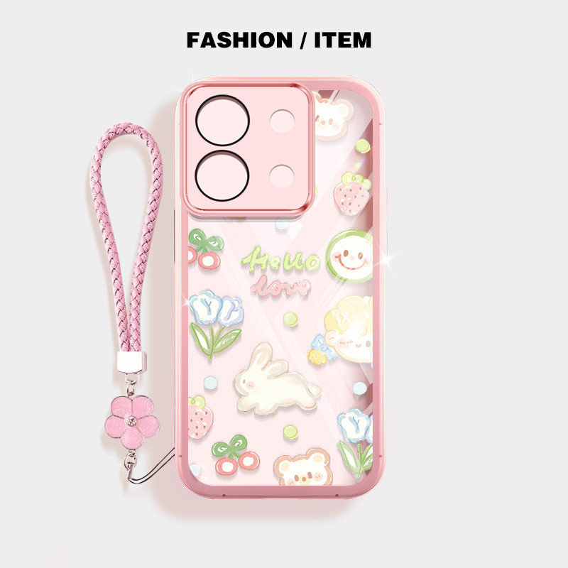น่ารักการ์ตูนเคสโทรศัพท์สําหรับ Xiaomi Redmi Note 13 Pro 4G 5G Note 13 Pro Plus Note 13R Pro 5G Poco M6 Pro 4G X6 Pro 5G X6 Neo ปลอกโปร่งใสพร้อมดอกไม้แขวนเชือก