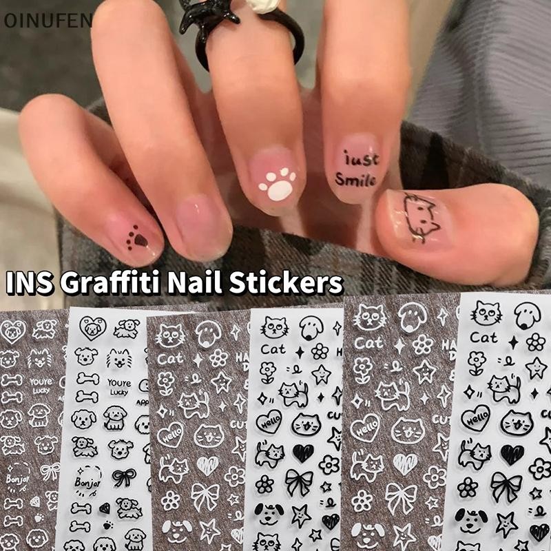 Onu การ์ตูนแมวดําเล็บสติกเกอร์ Graffiti Paing แมวน่ารักสีดําสีขาวออกแบบ Decals เล็บตกแต่ง FEI