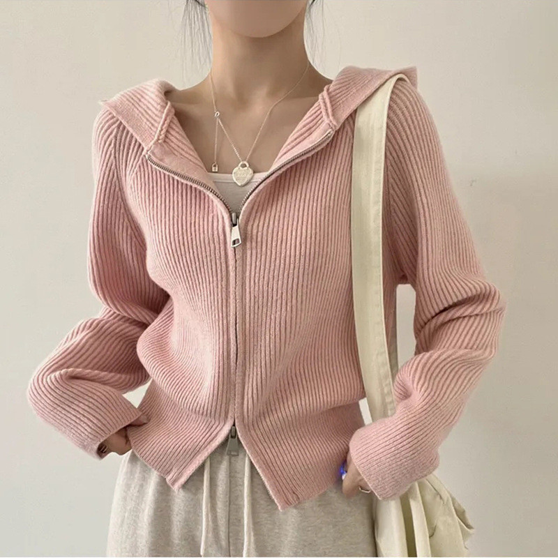 ฤดูใบไม้ร่วง/ฤดูหนาวคลุมด้วยผ้าหนาถักเกาหลีซิปขึ้นออกแบบปกเสื้อกันหนาว