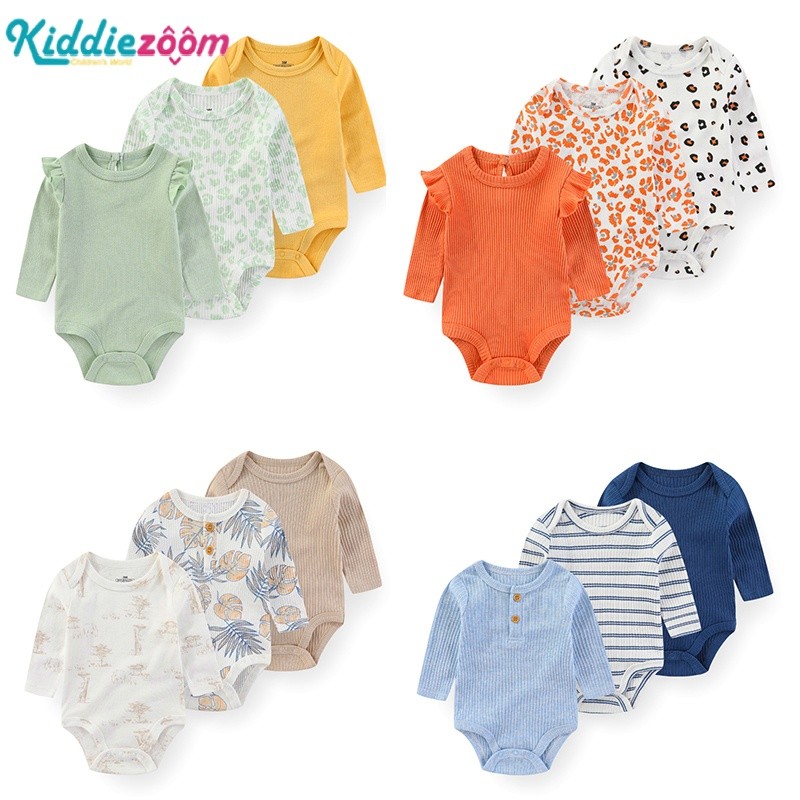 Kiddiezoom บอดี้สูทแขนยาวสําหรับเด็ก 3 ชิ้น แถบถักทารกแรกเกิด เสื้อรัดรูป จั๊มสูทสําหรับเด็กชายและเด็กหญิง