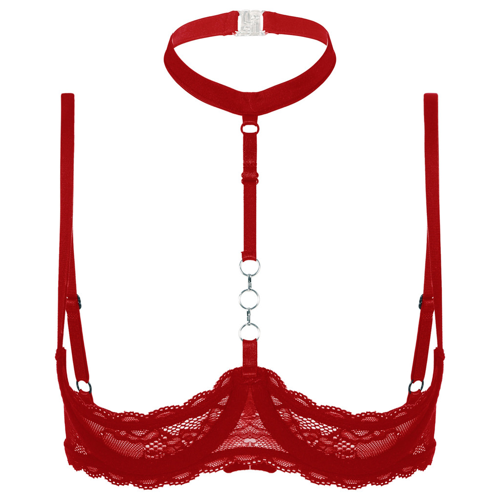 สตรี 1/4 ถ้วย Underwire Bra Halter คอ O แหวน Sheer Lace Push Up Brassiere สัมผัสหัวนมชุดชั้นในชุดชั้นในไนท์คลับชุดนอน
