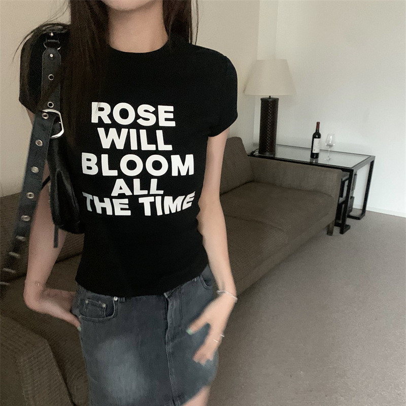 เสื้อยืดเข้ารูป สไตล์เกาหลี ผ้ายืดยูนิ สกรีนลายเต็ม  ทรงสวย สาวอวบใส่ได้ ผ้าใส่สบาย รุ่น เข้ารูปRose will