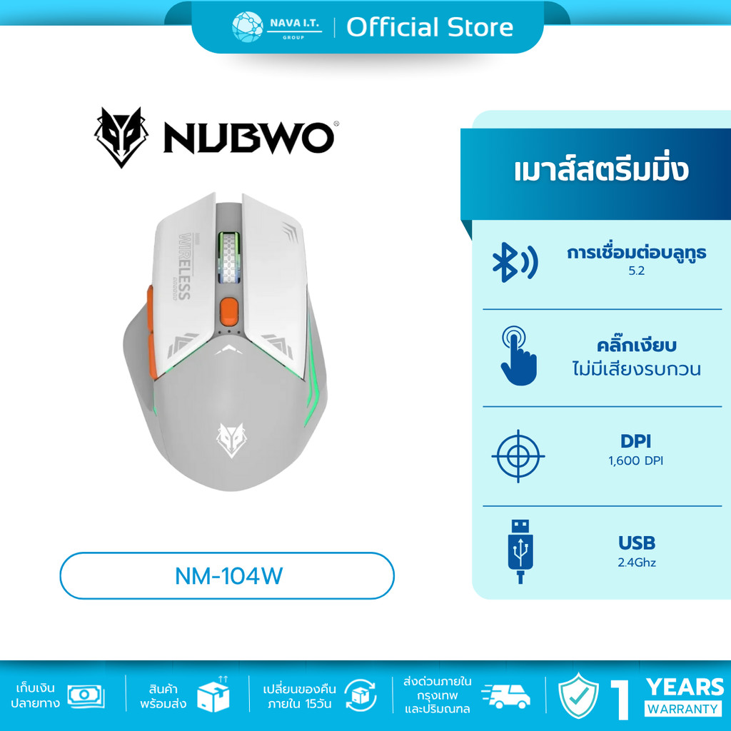(มีส่งด่วน) NUBWO NM-104W GRAY WIRELESS & BLUETOOTH GAMING MOUSE มีไฟLED เมาส์ไร้สาย รับประกัน 1ปี