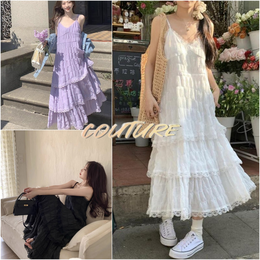 Couture ชุดเดรสยาวสายเดี่ยวลูกไม้สีขาว 3 ชั้น เอวสูงทรงเอ สไตล์แฟรี่นางฟ้า