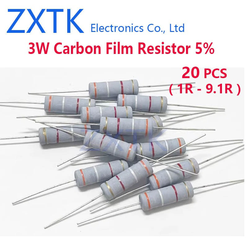 ใหม่ CHIP 20PCS 3W Carbon Film Resistor 5% แหวนสี 1-9.1 โอห์ม 1R 1.2R 1.5R 1.8R 2R 2.2R 2.4R 2.7R 3R