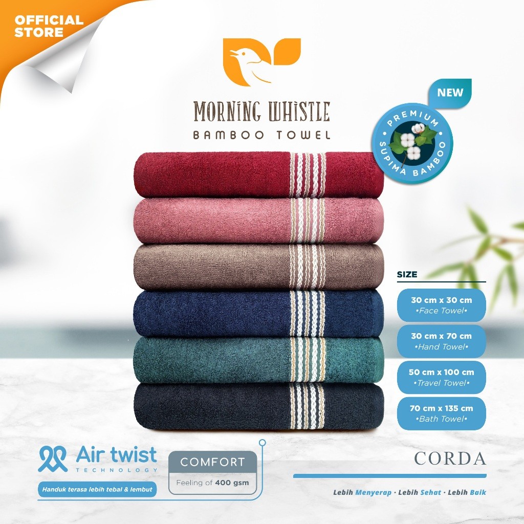 Morning Whistle Supima Bamboo Towel - Corda / ผ้าเช็ดตัวสําหรับผู้ใหญ่ 70x135cm 50x100cm 30x70 cm 30