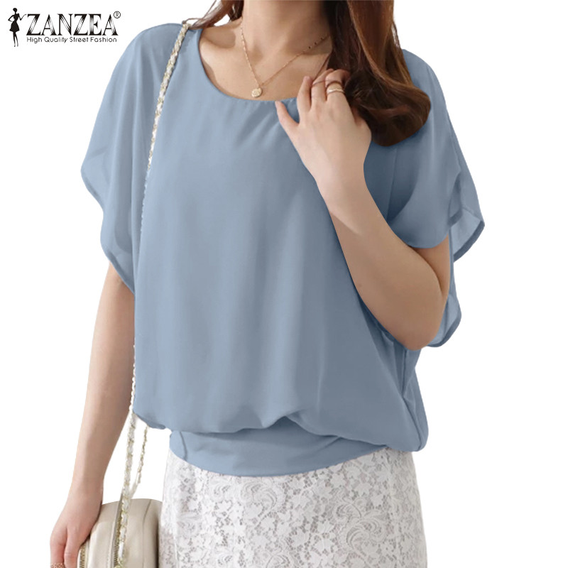 ZANZEA ซานเซีย ผู้หญิงเกาหลีอารมณ์รอบคอนัวเนียแขนสีธรรมดาเสื้อหลวม