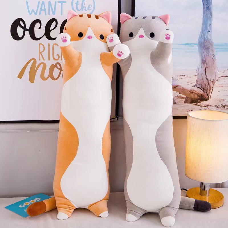 🎉พร้อมส่ง 🐈หมอนข้างยาวรูปแมวนุ่ม น้องแมวนอนเหยียด ตุ๊กตาสัตว์ขนปุย หมอนกอดขนาดใหญ่