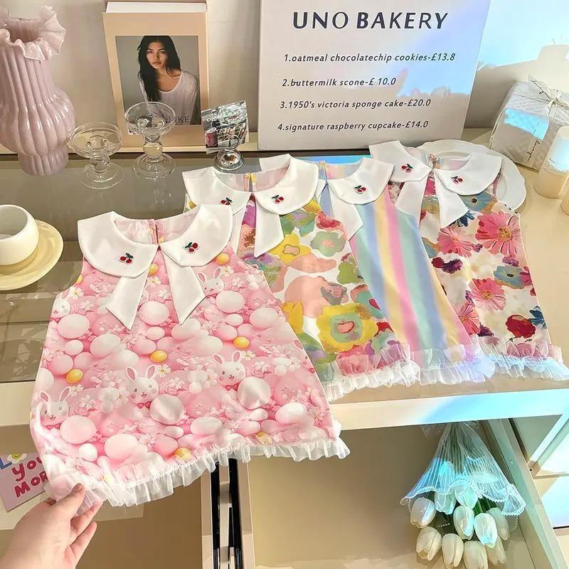 ชุดเด็กผู้หญิง, ชุดสไตล์ตะวันตกแขนกุด,ชุดเจ้าหญิงลายดอกไม้คอปกตุ๊กตาฤดูร้อน, กระโปรงทรงเอ, ชุดเสื้อกักแขนบิน “DA-U”