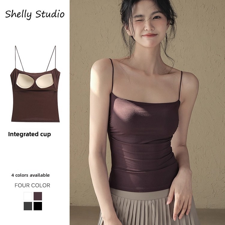 เสื้อ.camisole วัสดุโมเดล ไซส์ S-XL ดีไซน์ off-shoulder มีรายละเอียดริฟเฟิล และแผ่นรองหน้าอก