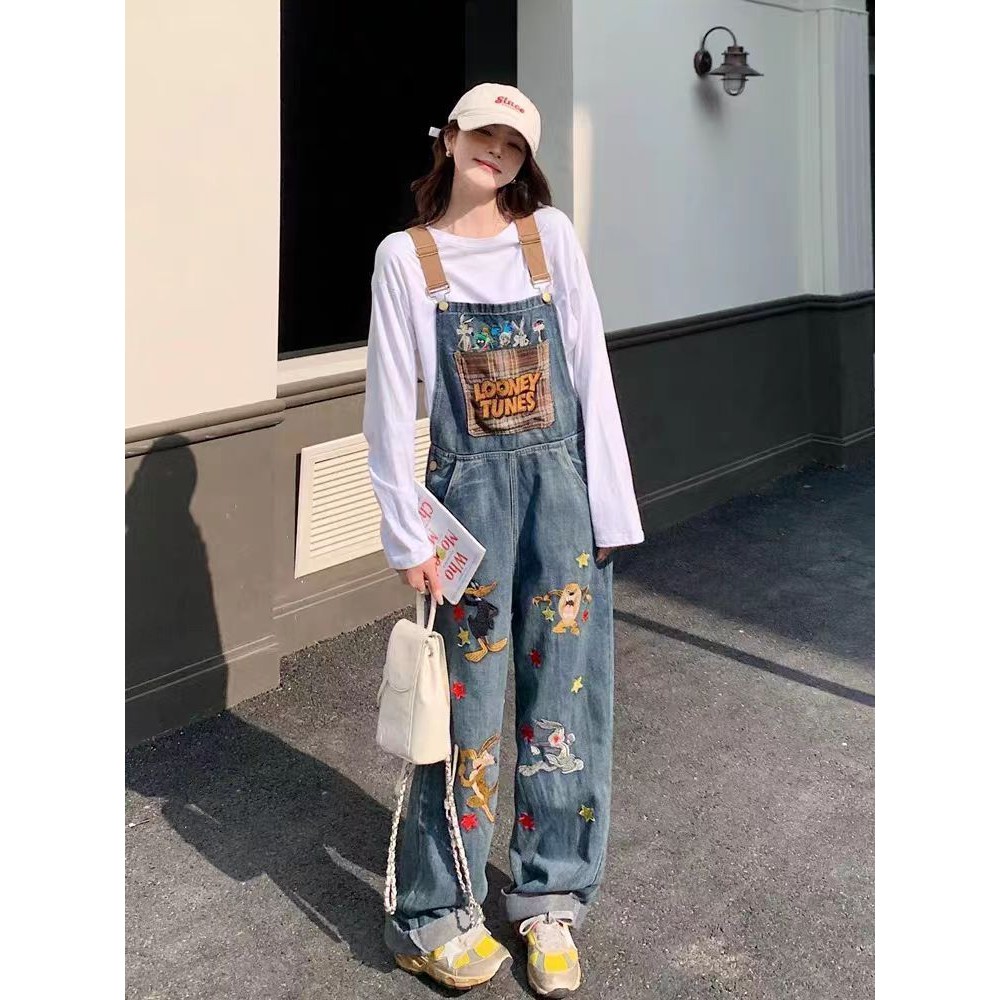 American High Street ล้างทําความสะอาดได้การ์ตูนปัก Patch Denim สายคล้องหัวเข็มขัดผู้หญิง Age-Reduction All-Match หลวม Slimmer ดูกว้าง-Leg T