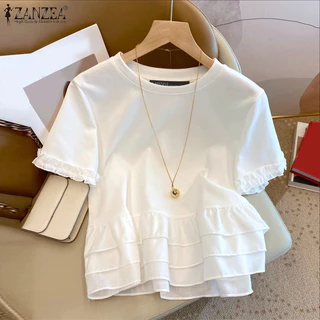 ZANZEA สไตล์เกาหลียอดนิยม เสื้อลูกเรือแขนสั้น ขอบกระพุ้งแขนและซ้ายContrast เสริมลุคเก๋ไก๋