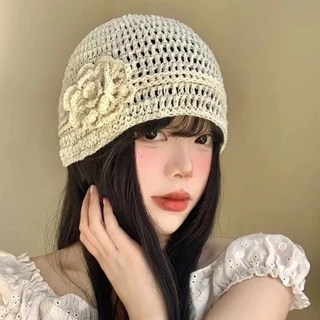 หมวก KIND Beanies ทรงโปร่งด้วยเส้นใย Hollow มีรายละเอียดดอกไม้Crochet สวมใส่สบาย