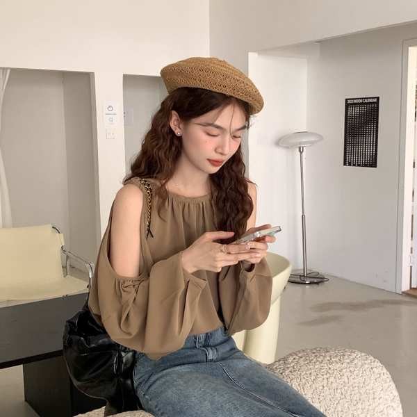 สตรีทแฟชั่น frenchy top เสื้อเชิ้ตเปิดไหล่สีกากีแนววินเทจสไตล์ฝรั่งเศสสำหรับผู้หญิงเสื้อเชิ้ตแขนยาวด