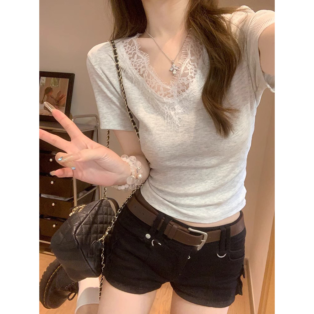 Casual Cut Modal 260g เซ็กซี่ลูกไม้ v คอด้านใน Bottoming เสื้อ Slim-fit Tops Happy Ma P8WL