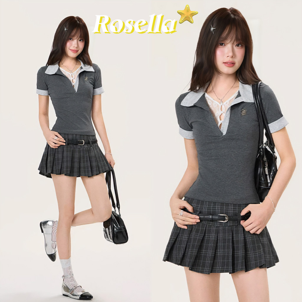 Rosella✨เสื้อยืดคอโปโลแขนสั้นทรงตรงไหล่ตรงสำหรับผู้หญิงฤดูร้อนปี 2026 สไตล์อเมริกันใหม่เสื้อตัวสั้นทรงสลิมสำหรับสาวๆ