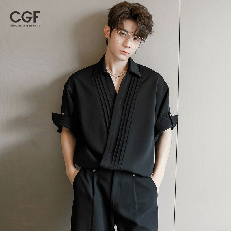 เสื้อเชิ้ตผู้ชายแขนสั้นแบบจีบ สำหรับฤดูร้อนและงานอเนกประสงค์