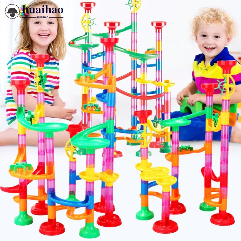 HUAIHAO DIY ก่อสร้าง Marble Run Race Track Building Blocks เด็ก 3D Maze Ball Roll ของเล่นเด็กคริสต์ม