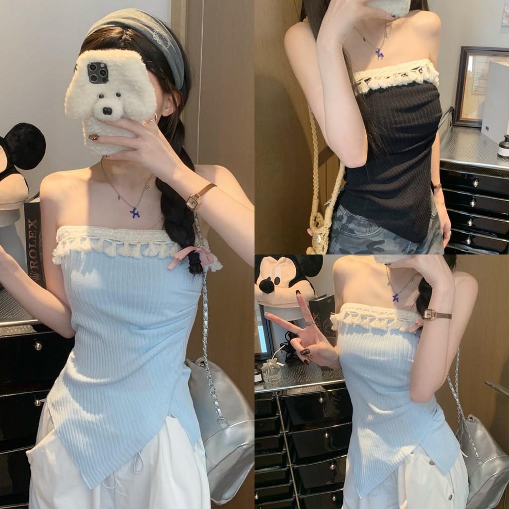 💖Miqi💖เสื้อเกาะอก แต่งพู่ ปาดไหล่ ใส่แล้วผอม ผ้าสีฟ้า เสื้อไปทะเล สไตล์เกาหลี น่ารัก แฟชั่นสาว#Z-X116