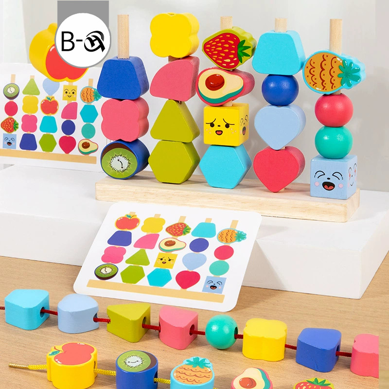 BHQ บล๊อคไม้เลขาคณิต บล็อกไม้บนเสา จับคู่รูปร่าง ผลไม้/สัตว์/ไดโนเสาร์ ของเล่นไม้
