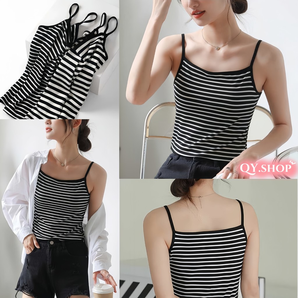 QY.Shop พร้อมส่ง ผ้าใส่สบาย เสื้อสายเดี่ยว ดีเทลลายทางใส่สบาย สีพื้นขาวดำ "FY3300"