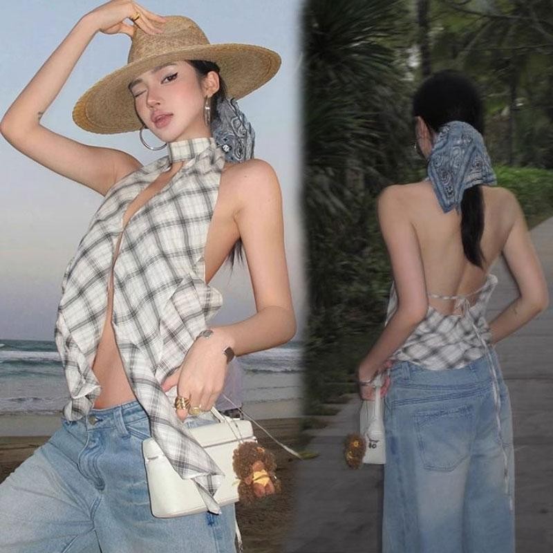 Cuites💕 99128 เสื้อกั๊กทรงครอป เสื้อคล้องคอ เว้าหลัง  เสื้อกั๊กคล้องคอคอวีแขนกุดฤดูร้อนสําหรับผู้หญิง พอดีตัว