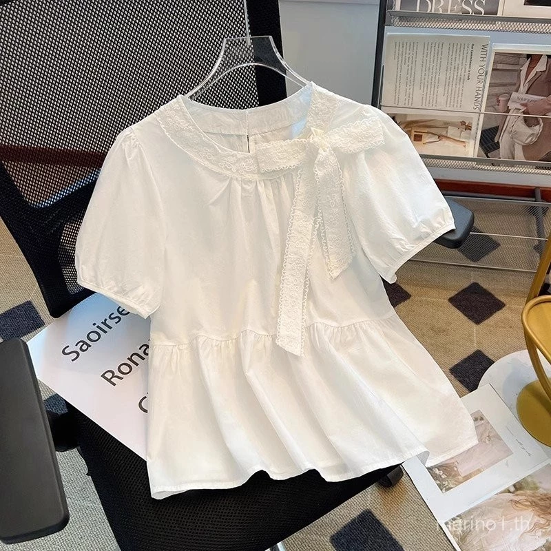 เสื้อแขนสั้นลายดอกไม้ผ้าลูกไม้ประดับโบว์ - รูปที่ 1