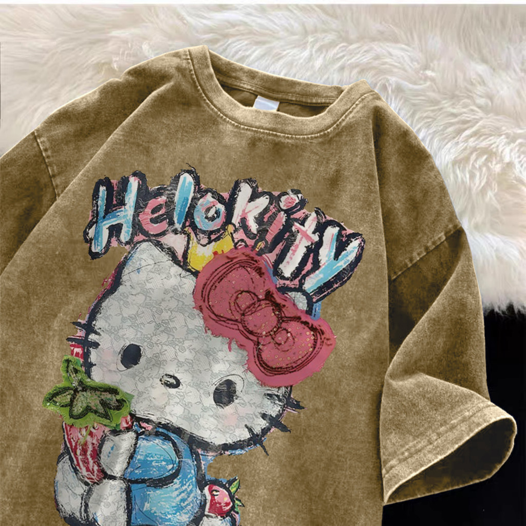 Pofloret เสื้อยืดฟอก ลายการ์ตูน oversize ผ้าฟอกวินเทจ กากี สไตล์ฮิปฮอป เรโทร (รูปแบบแมว Doodle Kitty) B003118