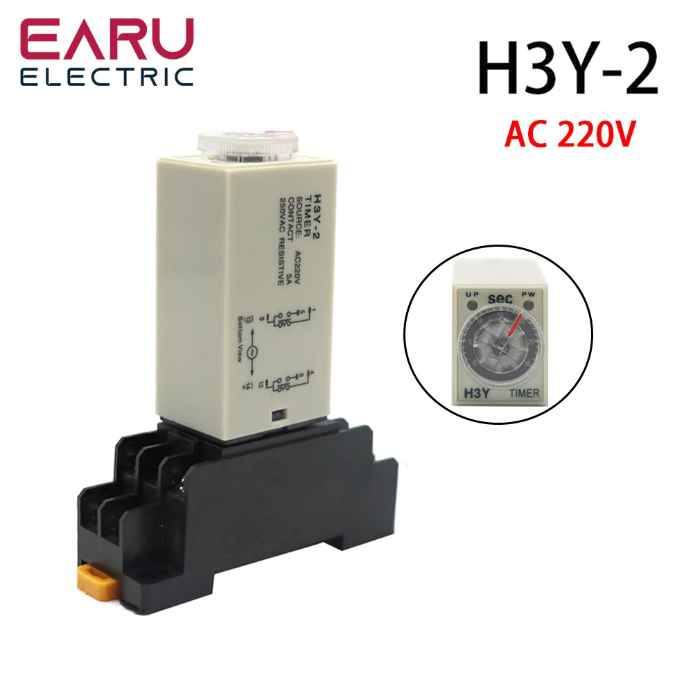 H3Y-2 AC220V DELAY TIMER พร้อมฐานซ็อกเก็ต Power-On DELAY Rotary Knob DPDT 0-30s 60Min ปรับรีเลย์สําห