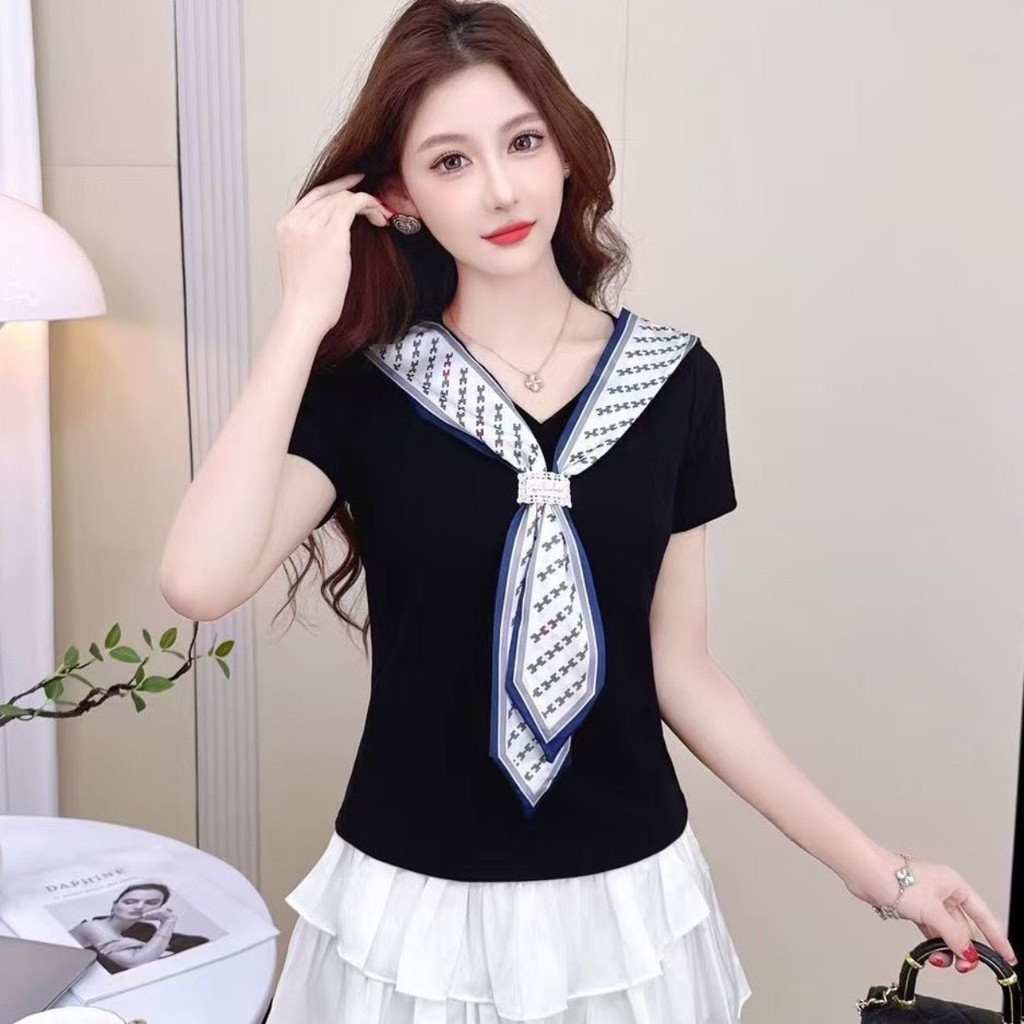 เสื้อยืดแขนสั้นระดับไฮเอนด์สำหรับผู้หญิง พลัสไซส์ ดีไซน์กระชับสัดส่วน ทรงหลวม อเนกประสงค์ ท็อปไหล่ ปกติ ฤดูร้อน  มาใหม่