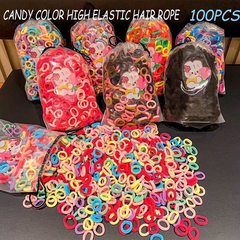 100ชิ้น แหวนผมสีลูกกวาดยางรัดยืดหยุ่นสูงผูกผมไม่เจ็บผมเชือก