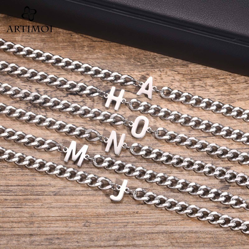 ARTIMOI AZ Initial Cuban Chain Bracelets for Men Women, Silver Color Stainless Steel