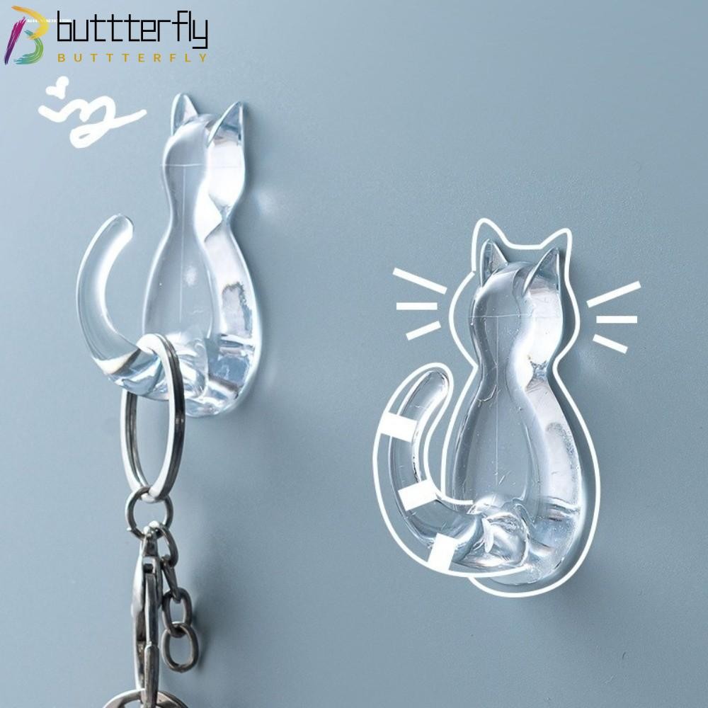 BUTTTERFLY 5 ชิ้น Cat Tail Sticky Hooks,โปร่งใสไม่มีการเจาะตะขอแขวนผนัง,มัลติฟังก์ชั่นติดผนังกันน้ําการ์ตูนตะขอแมวประหยัดพื้นที่