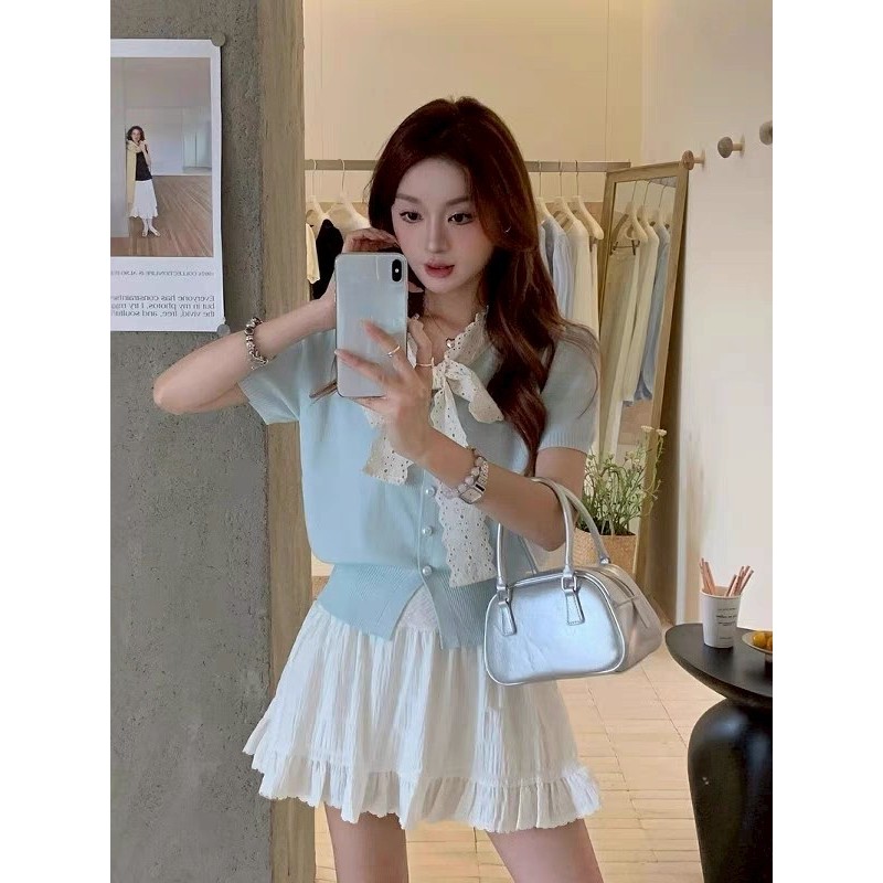 Nemo store🌸#W-M099 เสื้อไหมพรม แขนสั้น คอปกแต่งโบว์ สีพาสเทล เสื้อผู้หญิง มีให้เลือกหลายสี - รูปที่ 2