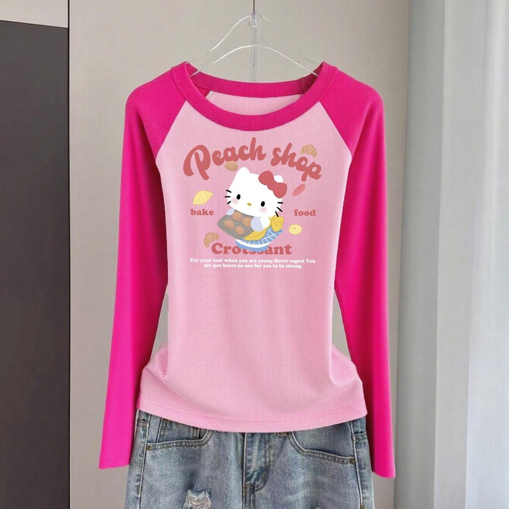 【S-2XL 】สาวฮอตหวานฤดูใบไม้ผลิและฤดูใบไม้ร่วงใหม่เสื้อยืดแขนยาวบางผู้หญิงออกแบบความรู้สึกไหล่โดปามีนเทรนด์เสื้อสั้น