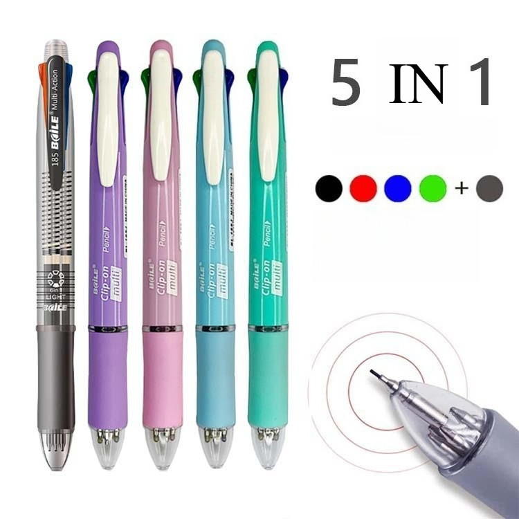 ปากกาลูกลื่นหลากสี 5in1 Push Type Mechanical Pencil ปากกามัลติฟังก์ชั่นแกนเปลี่ยนได้ ปากกาลูกลื่น 4 สี + ดินสอ