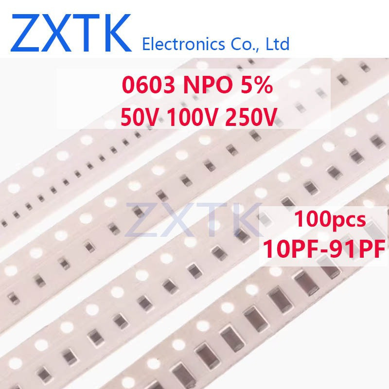 CHIP IC 100PCS 0603 50/100/250V SMD ชิปตัวเก็บประจุเซรามิค NPO 5% 10PF-91PF 11PF 15PF 20PF 24PF 30PF