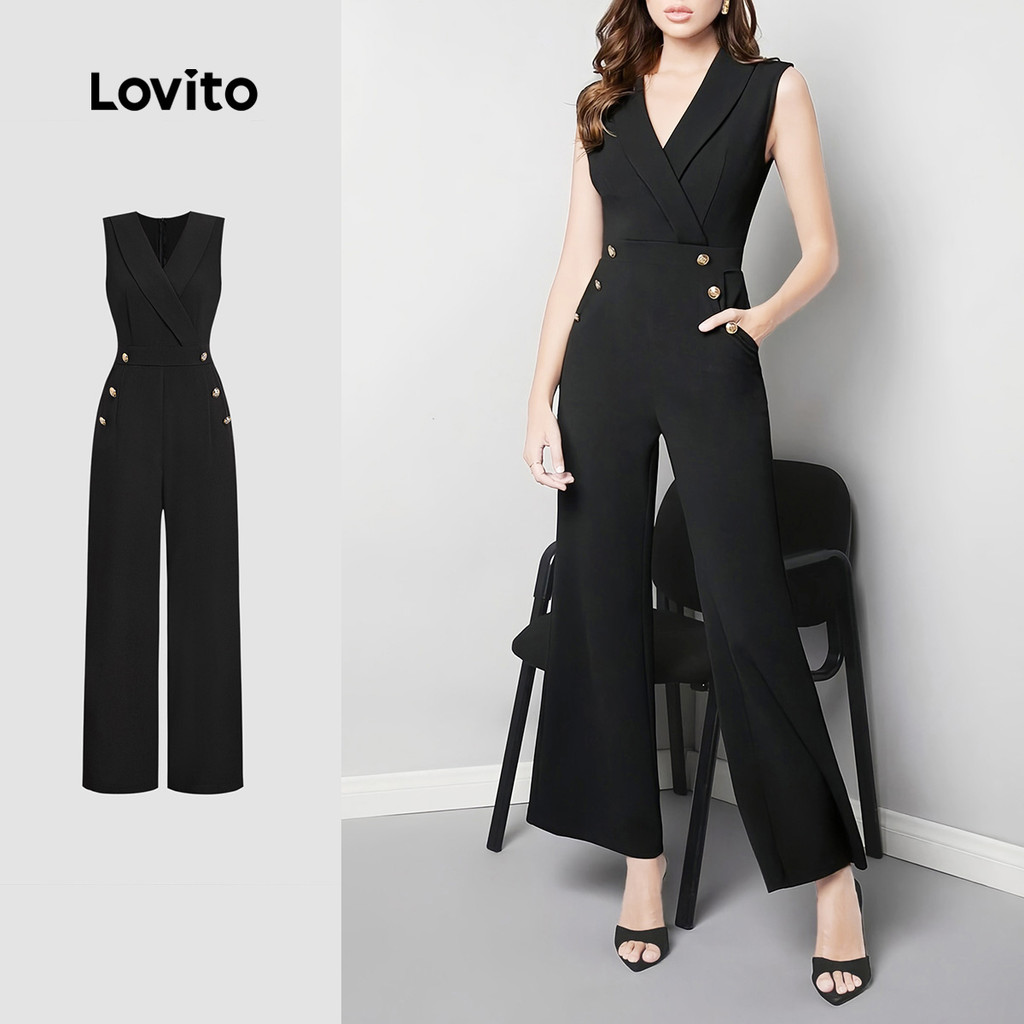 (New) Lovito ชุดจั้มสูทแบบสบายๆ บ buttons ผ้าท วิ้งค์พับ ช่วงฤดูใบไม้ผลิ/ฤดูร้อน สีดำ สำหรับผู้หญิง L143AD661