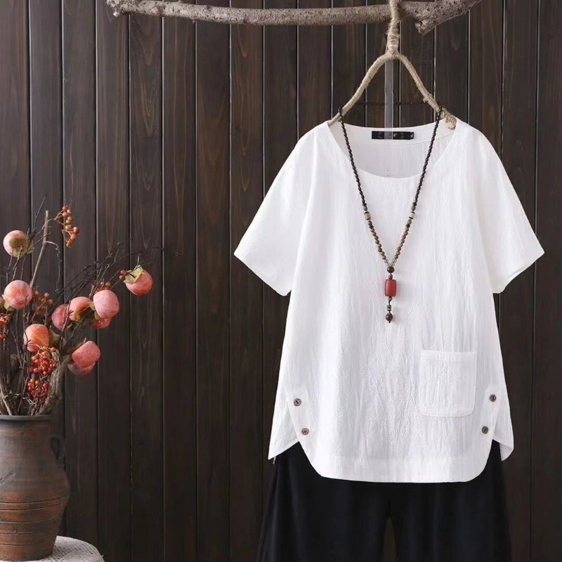 กระเป๋าสำหรับเสื้อเชิ้ตผ้าฝ้ายลินิน สตรี มีกระดุมด้านบน ราคาถูก Shopee Lazada