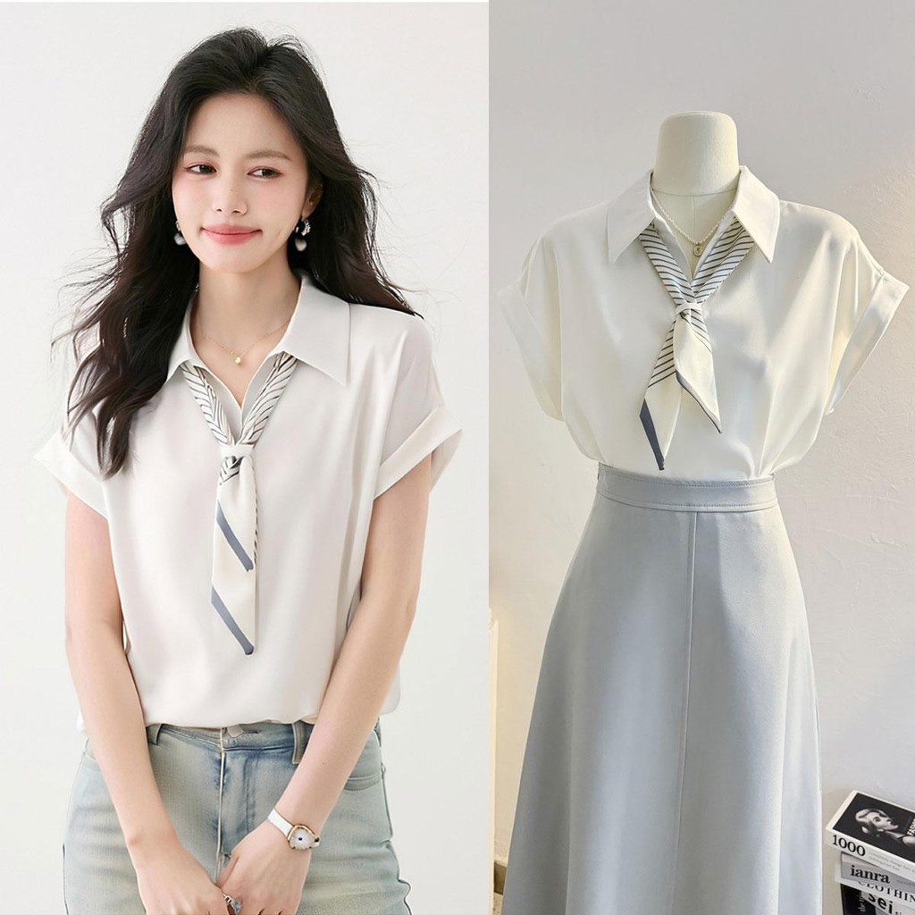 Cuties 99159 เสื้อแฟชั่นผู้หญิง แขนสั้น คอปก ผ้าซาตินเนื้อดีนิ่มลื่นบางเบาใส่แล้วไม่ร้อนสบายผ้าไม่รัดทิ้งตัว