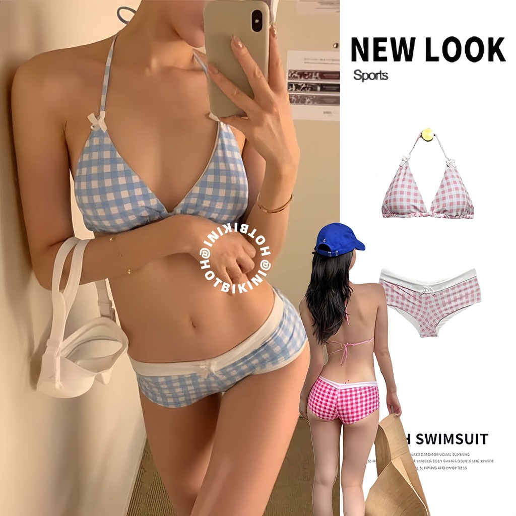 🩵Hot.Bikini🩷bikini sexy ทูพีช ชุดว่ายน้ำผู้หญิง บิกินี่ ลายสก็อต เว้าหลัง มีฟองน้ำ ชมพูบาร์บี้ ส่งไวจากไทย