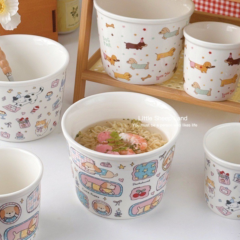 ชามมาม่า ถ้วยมาม่าเซรามิค  ลายแมวสุนัขน่ารัก cup noodles ความจุขนาดใหญ่1000ML