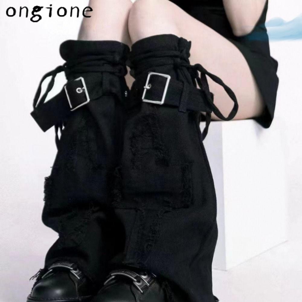 ปลอกขาน่องวินเทจฮาราจูกุ สีดํา สายรัดยีนส์สไตล์ Punk Y2k สําหรับผู้หญิง