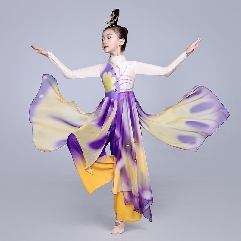 ใหม่สไตล์เด็กคลาสสิกเต้นรําเครื่องแต่งกายหญิงที่สง่างามพัดลมเต้นรําสิบแปด หวนเต๋อเมิงดี้ บินเต้นรําห